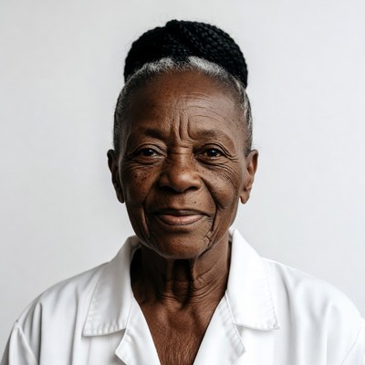 Elderly African-American woman in white coat