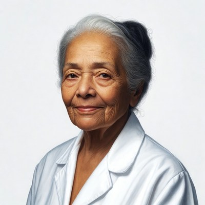 Elderly Asian woman in white coat