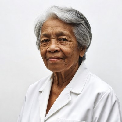 Elderly Asian woman in white lab coat
