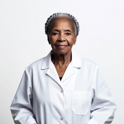 Elderly African-American woman in white lab coat