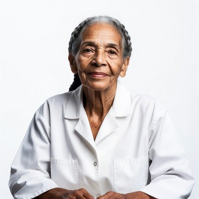 Elderly African-American woman in white lab coat