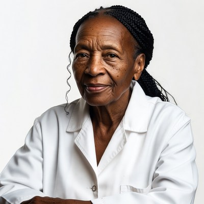Elderly African-American woman in white lab coat