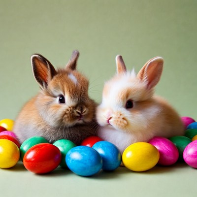 Two baby bunnies with colorful Easter eggs