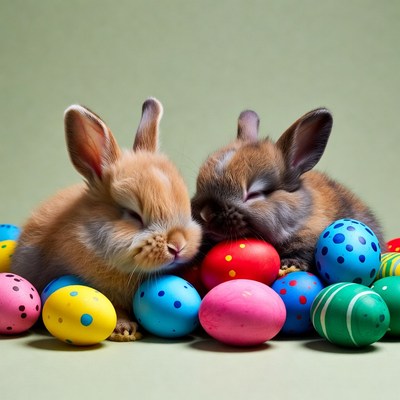Two baby bunnies with Easter eggs