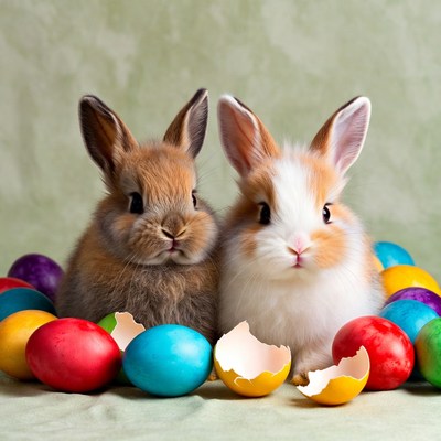 Two bunnies surrounded by Easter eggs