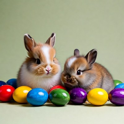 Two baby bunnies with Easter eggs