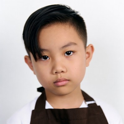 Asian boy wearing brown apron