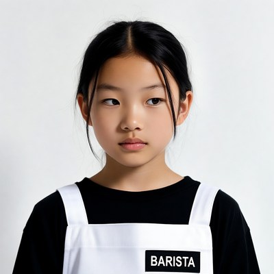 Asian girl wearing barista apron