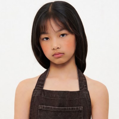 Asian girl wearing brown apron