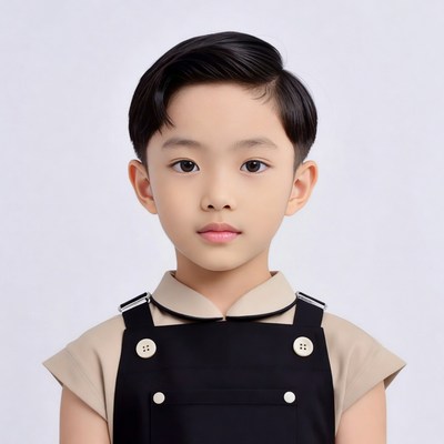 Asian boy in black pinafore uniform
