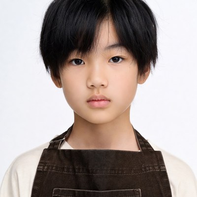Asian boy wearing brown apron