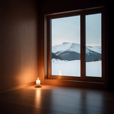Candle by window with snowy mountains