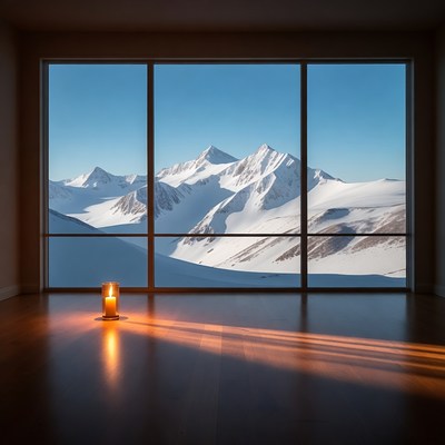 Candlelit Room with Snowy Mountain View