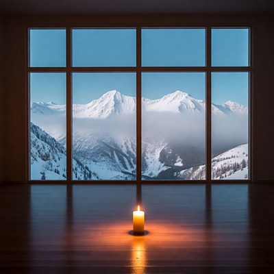 Candle in empty room with snowy mountain view