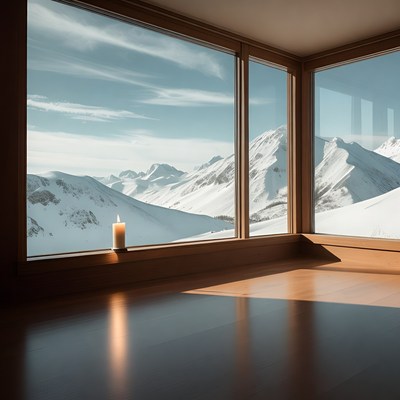 Candle by window with snowy mountains