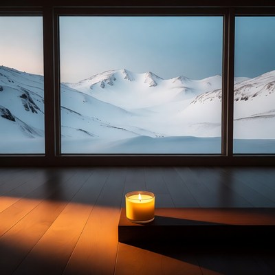 Candle by window with snowy mountains
