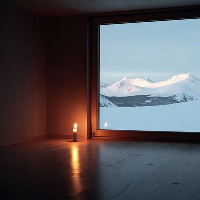 Candle by window with snowy mountains