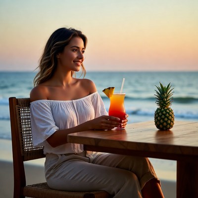 Woman sipping pineapple cocktail beach sunset