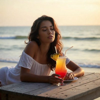 Woman sipping pineapple cocktail beach sunset