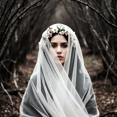 Woman in veil and flower crown in forest