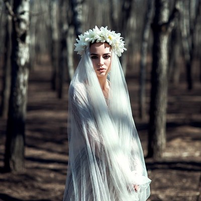 Woman in white veil and flower crown in birch forest