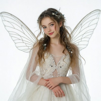 Girl with fairy wings in white dress