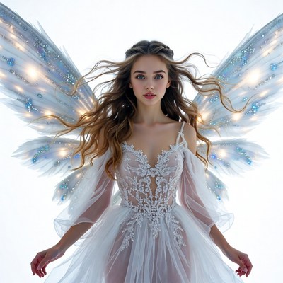 Woman with fairy wings in white dress