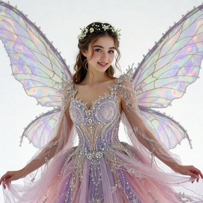 Young woman in iridescent fairy wings