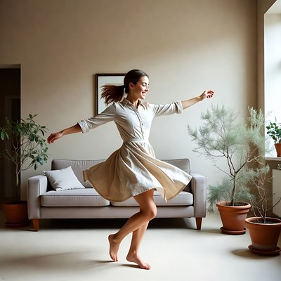 Woman dancing in beige dress
