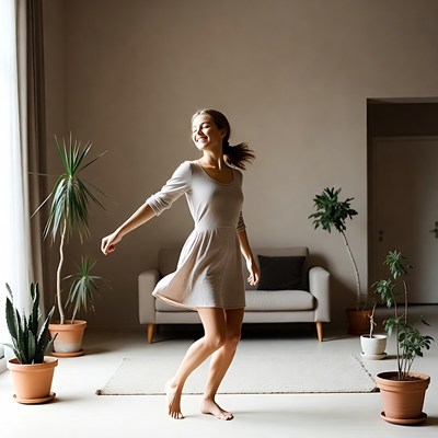 Woman dancing barefoot in living room
