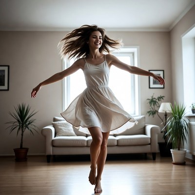 Woman dancing joyfully in living room