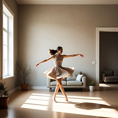 Asian woman dancing in beige dress