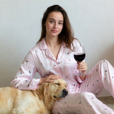 Woman in pink pajamas holding wine with golden retriever