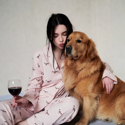 Woman hugging golden retriever with wine