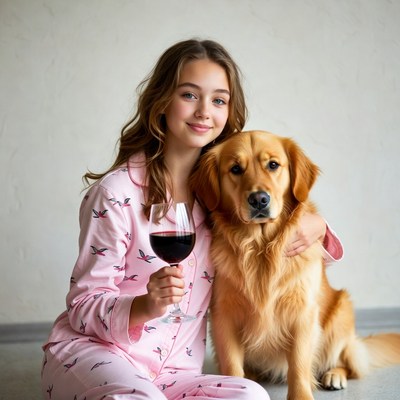 Girl with golden retriever holding wine glass