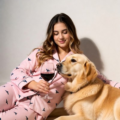 Woman holding wine glass with golden retriever