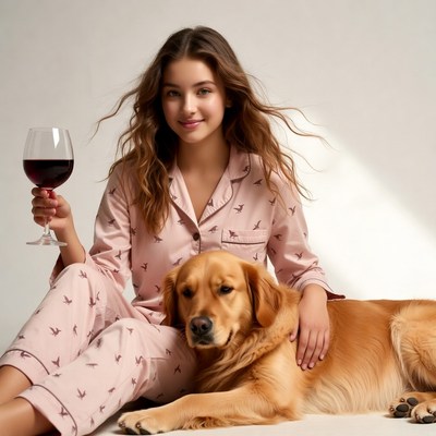 Woman in pajamas holding wine with golden retriever