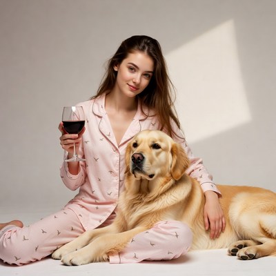 Woman in pajamas with golden retriever
