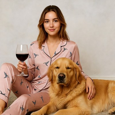 Woman in pink pajamas with golden retriever