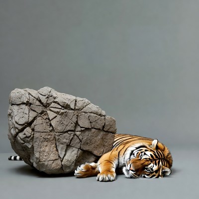 Tiger Lying Beside Large Rock