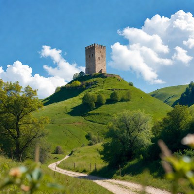 Medieval Tower on Green Hill