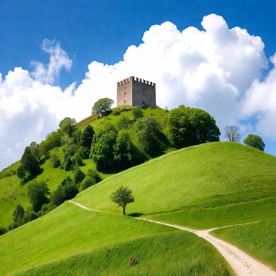 Medieval Tower on Green Hilltop