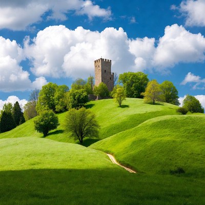 Medieval Tower on Green Hill