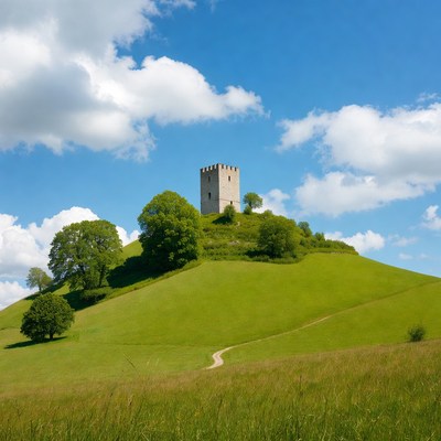 Medieval Tower on Green Hilltop