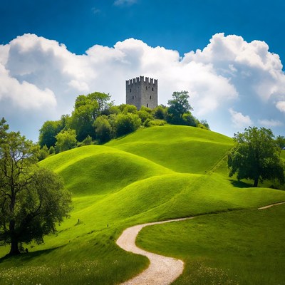 Medieval Tower on Green Hilltop