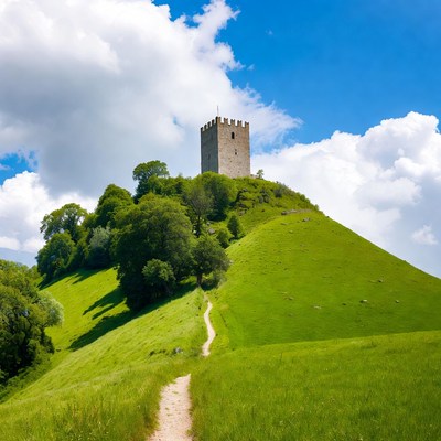 Medieval Tower on Green Hilltop