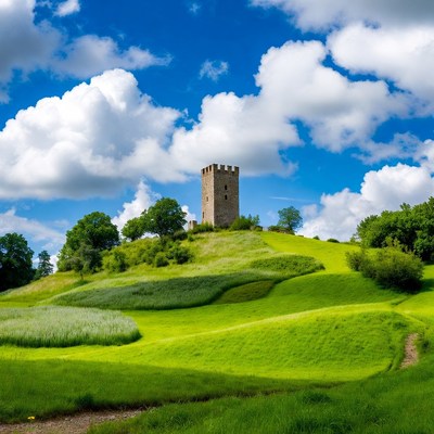 Medieval Tower on Green Hill