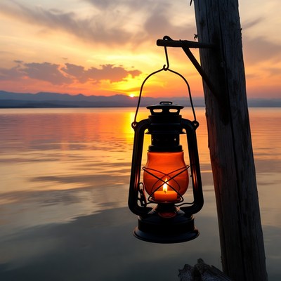 Lantern Hanging on Post at Sunset Lake