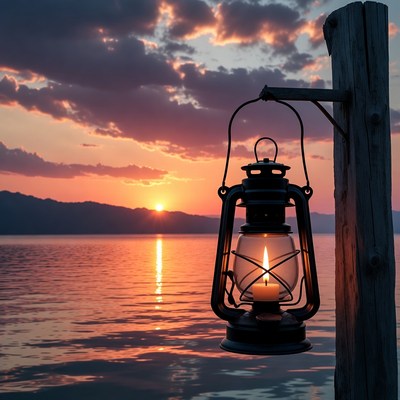 Lantern Hanging on Post at Sunset Lake