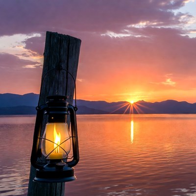 Lantern Hanging on Post at Sunset Lake